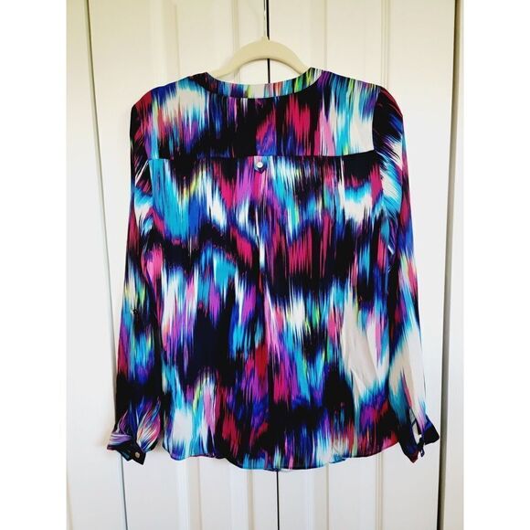 Investment Petites Women's PL Bright Multicolored‎ Long Sleeve Roll Tab Blouse - Picture 2 of 6